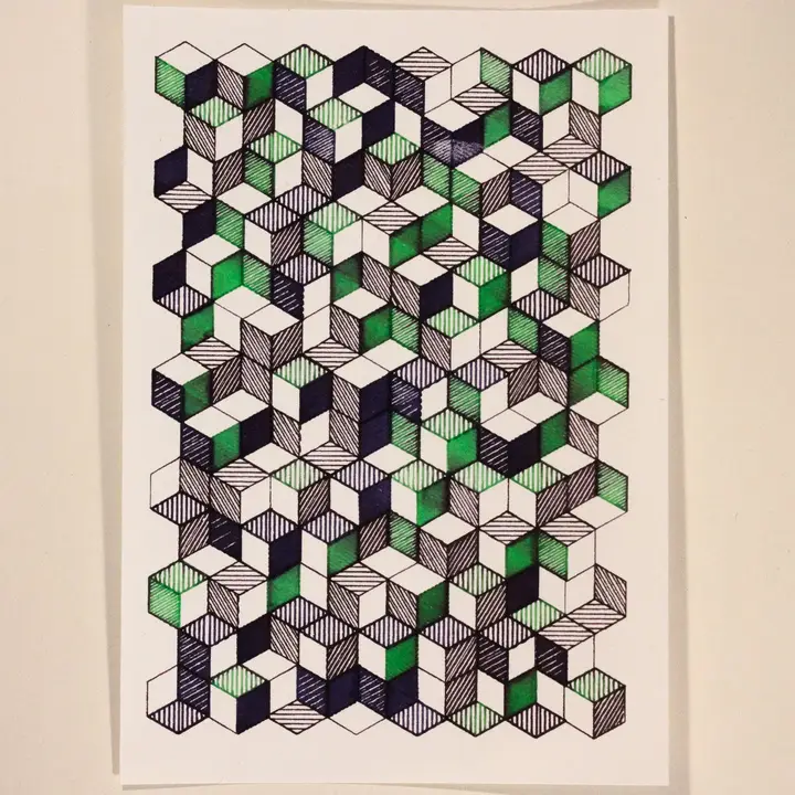 green and dark blue cubes, 2/3 sides filled in