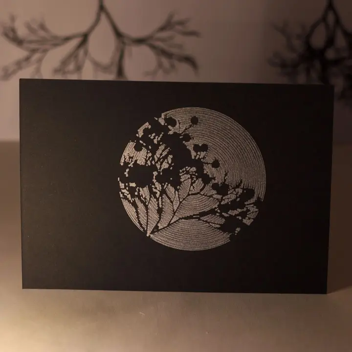 A black card with a silver line drawing of concentric circles masked by parts of a tree, like the moon peeking through the branches and leaves.