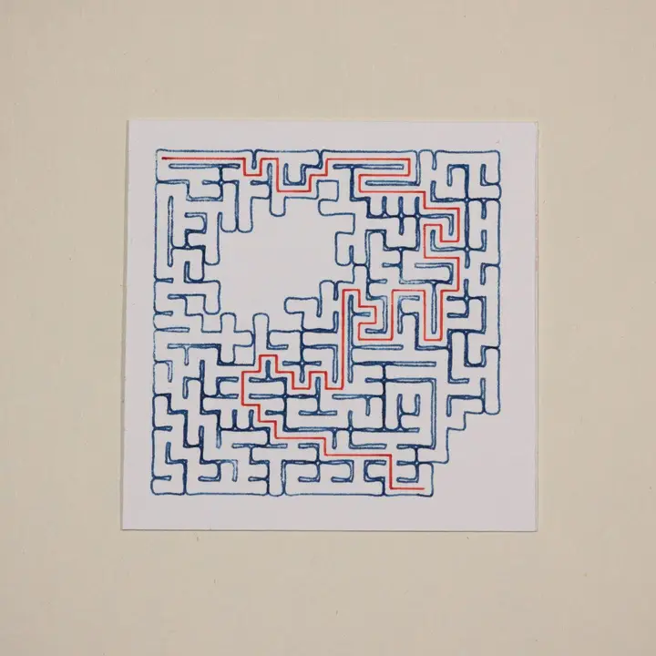 Drawing of a square maze drawn in blue ink, with some white areas not covered, and a path solving it in red.