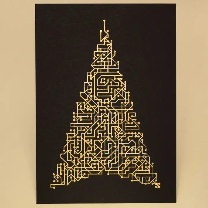 A black card with a circuit-like maze of interconnected metallic lines at 90 and 45-degree angles, filling the outline of a stylised fir tree.