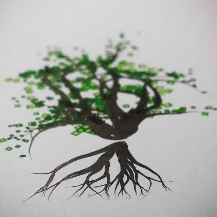 Close up of the root system, showing the brush-drawn lines smoothly reducing in thickness towards the bottom