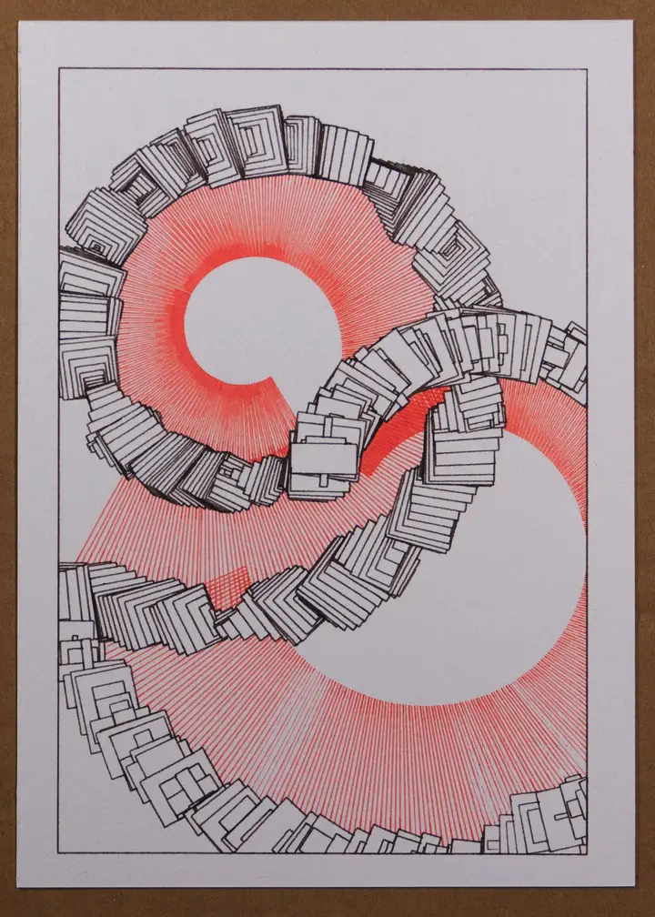 A5 portrait pen plotter drawing spirals of stacked black rectangles and dense red lines pointing to the origin of the rotation. The second drawing has five smaller spirals, some of them originating outside of the page.